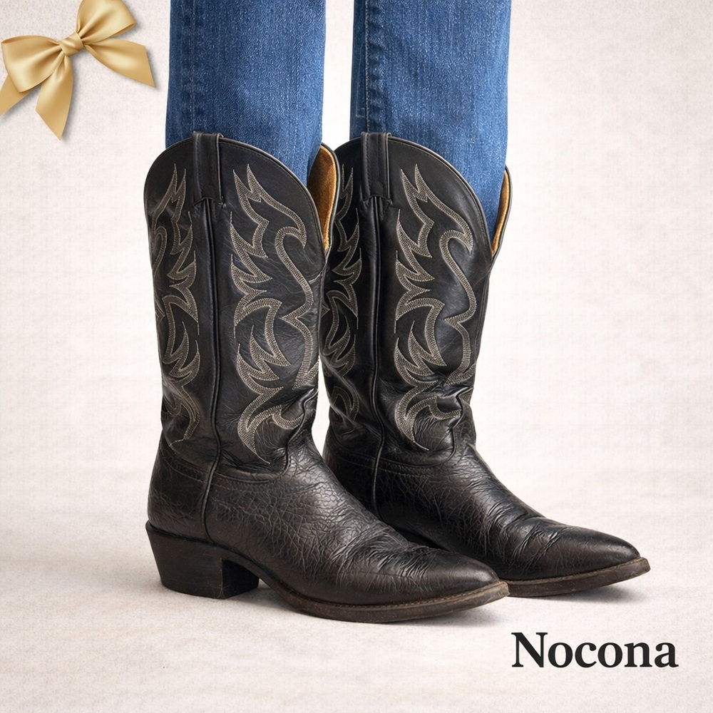 Nocona Black & Silver Embroidered Western Boots 7.5 D Vintage